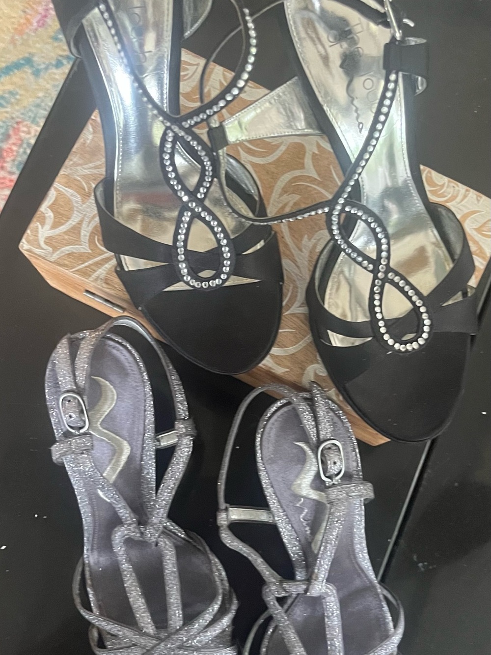 Elegant Women's Nina 2 Pairs Rhinestone Sparkly Sandals - Black and Silver 7.5